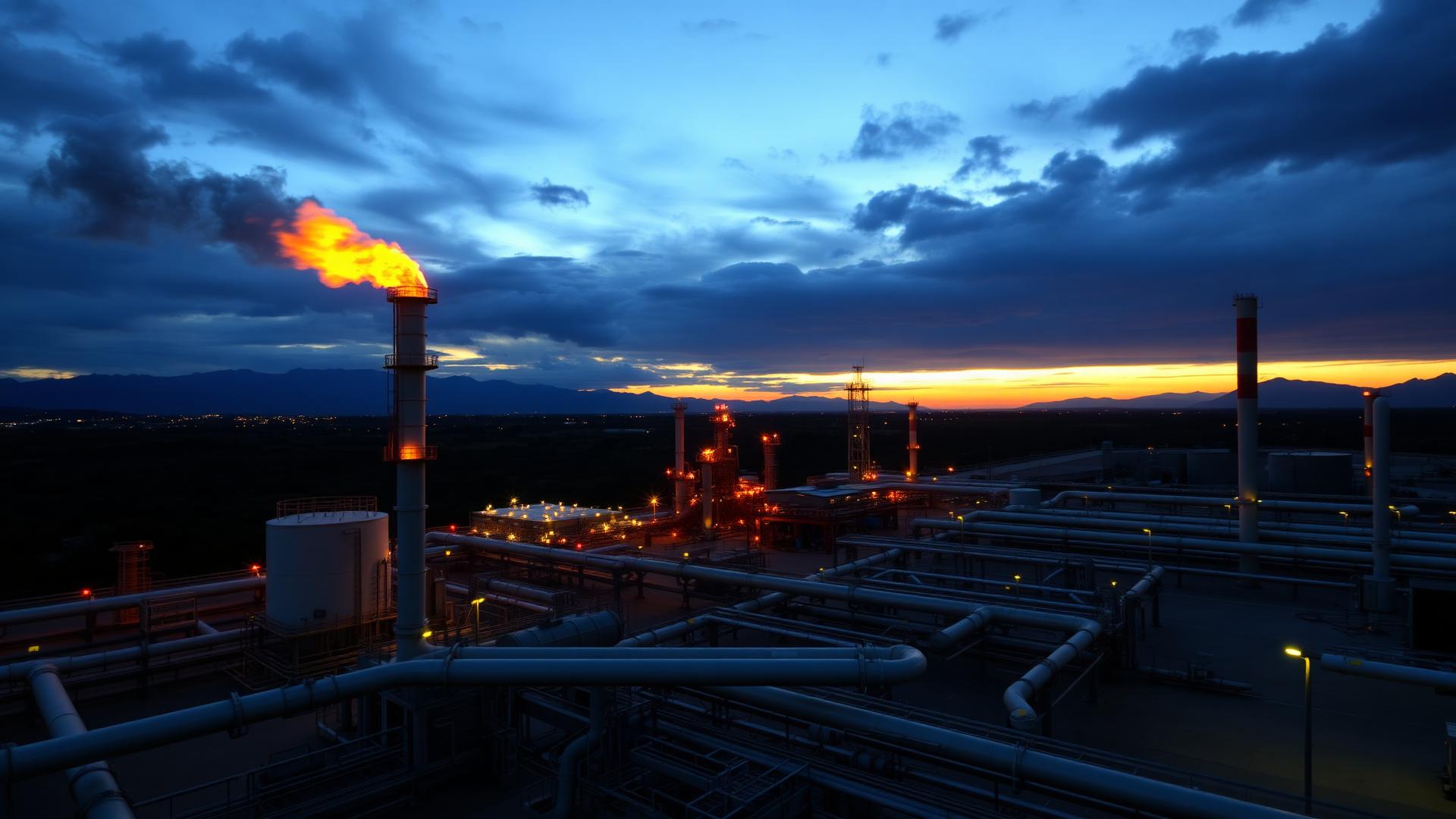 Planta de gas al anochecer con antorcha encendida y racks de tuberías