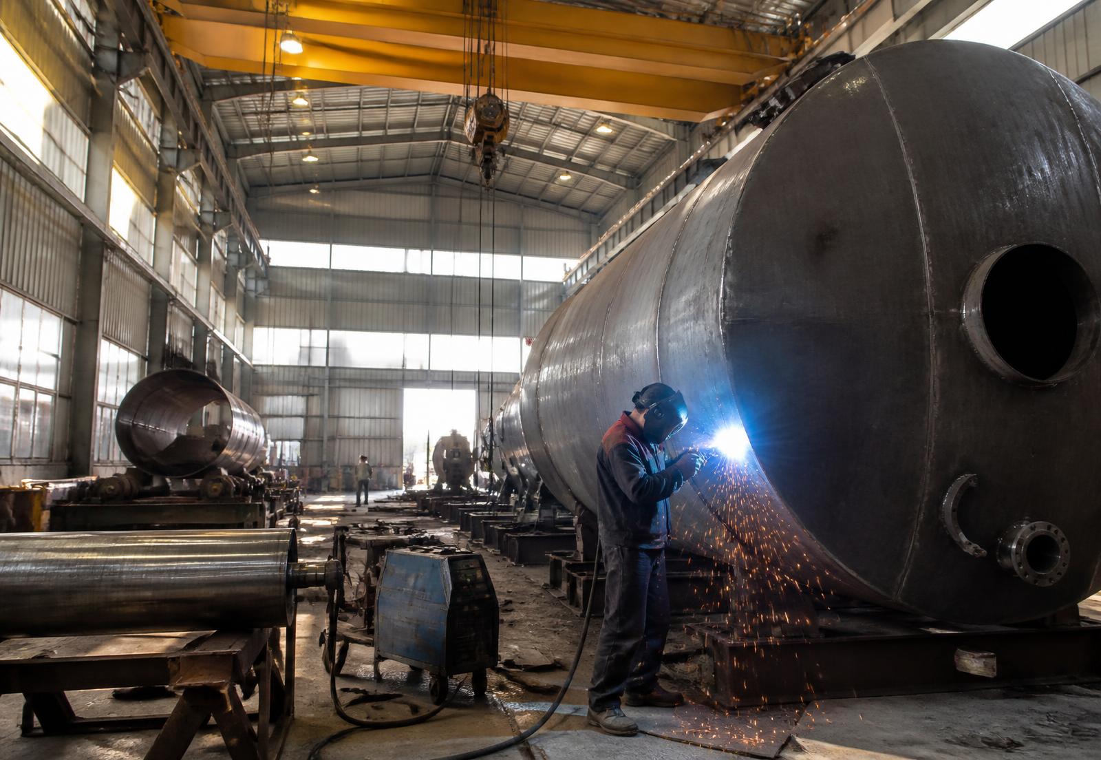 Interior del taller metalmecánico de Bellaqua con estructuras de acero en fabricación