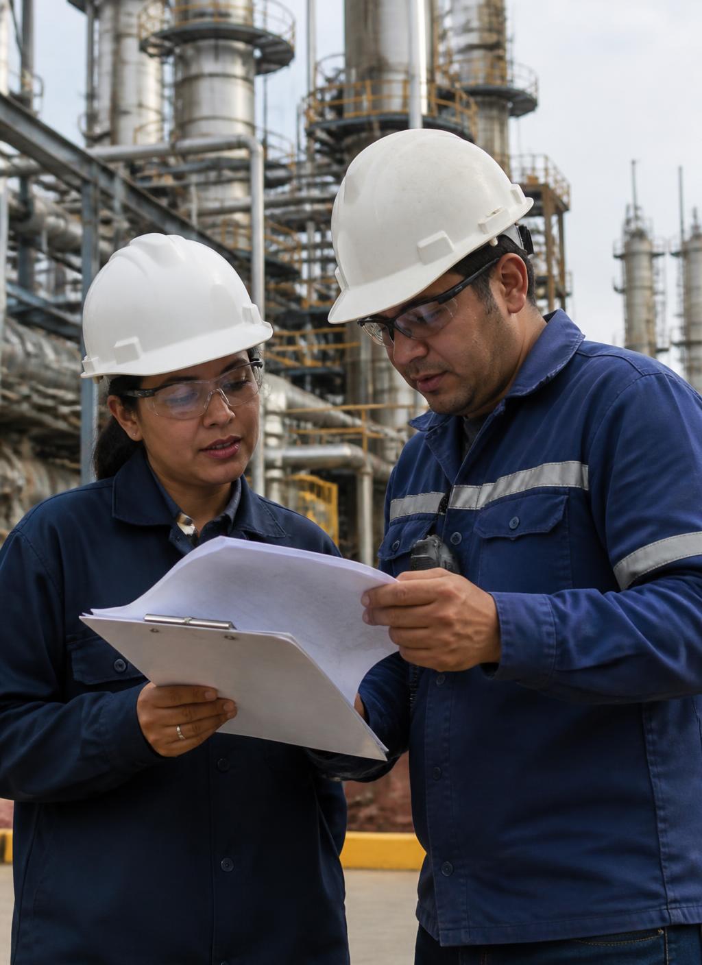 Equipo de ingenieros y técnicos de Bellaqua en campo revisando planos junto a estructuras industriales