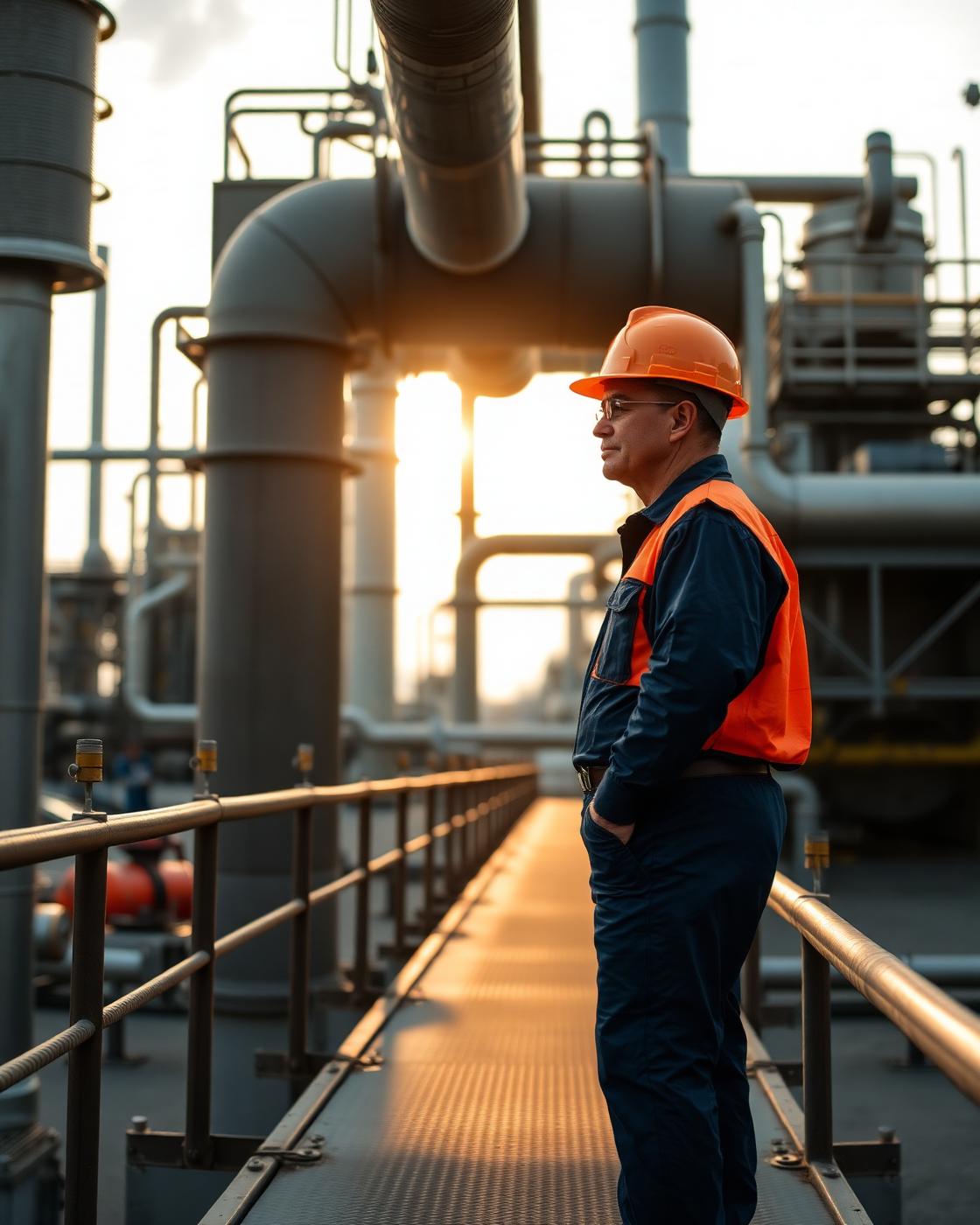 Supervisor industrial con casco naranja observando líneas de tubería en una planta al atardecer
