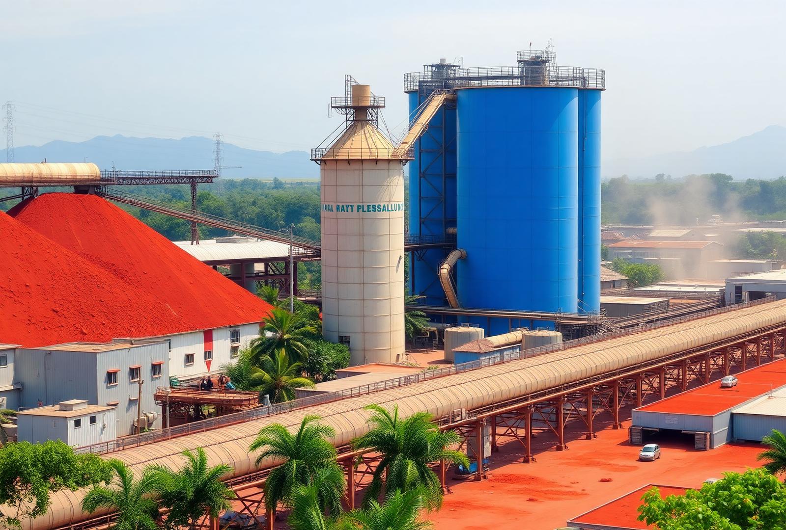 Complejo industrial de alúmina con silos y galerías de transporte de mineral