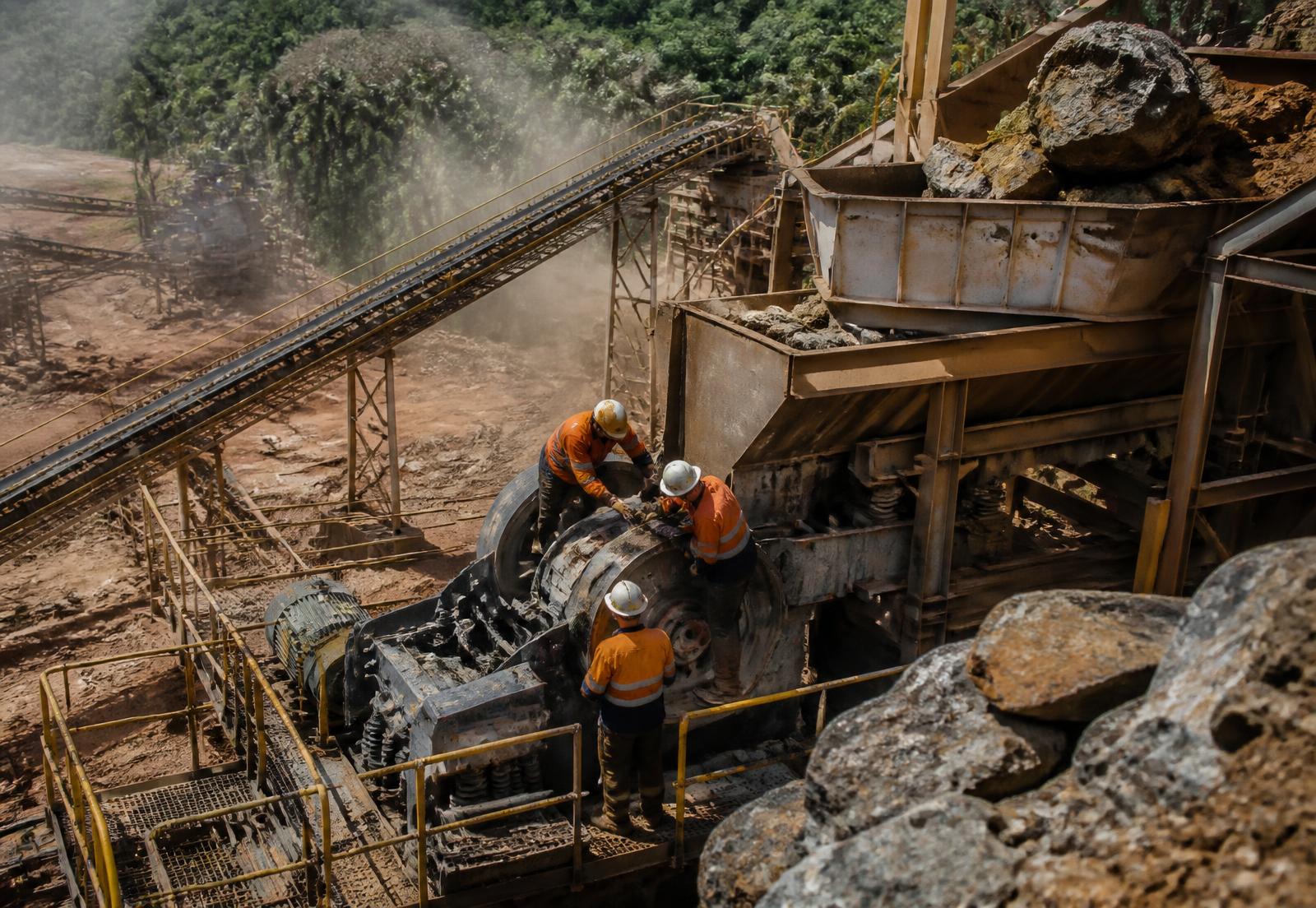 Línea de trituración de mineral con tolvas y bandas transportadoras en planta minera