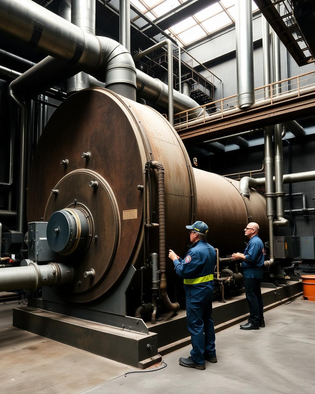 Caldera industrial y tuberías aisladas siendo inspeccionadas por técnicos