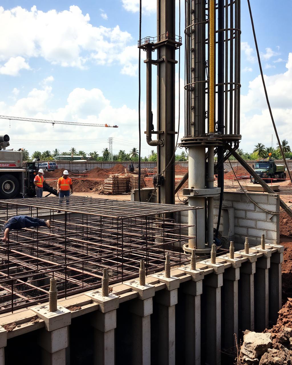 Obra civil industrial con armadura de acero y equipo de perforación de micropilotes