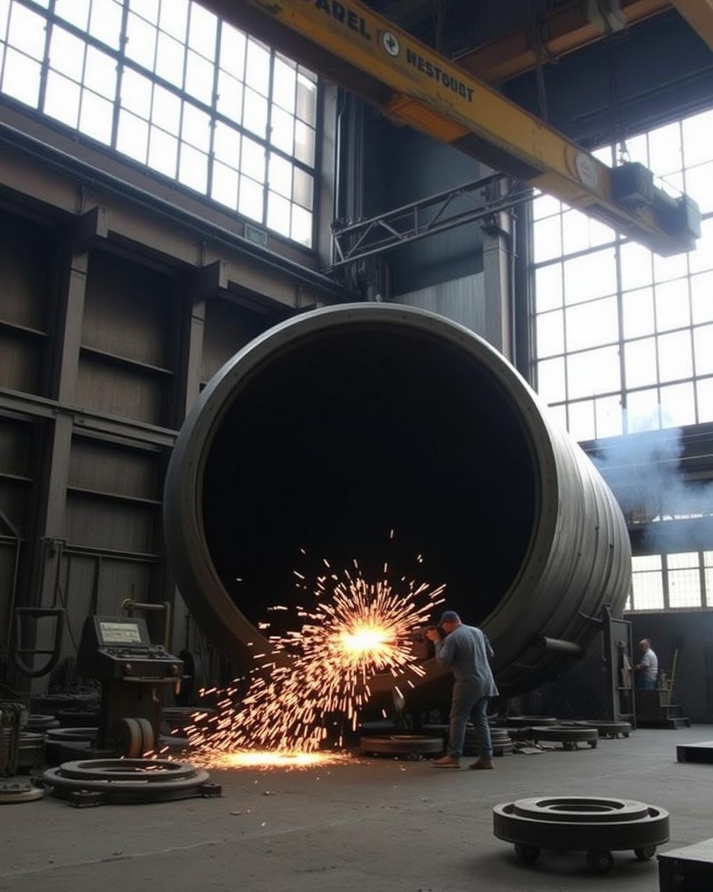 Fabricación de un tanque de acero en taller metalmecánico con grúa puente