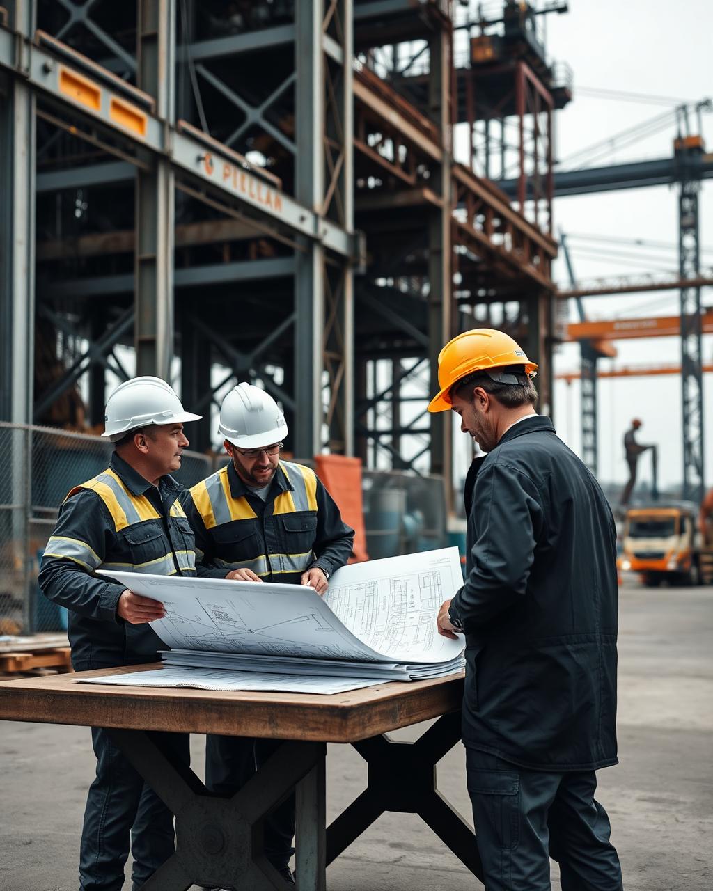 Ingenieros revisando planos de detalle en un sitio de construcción industrial