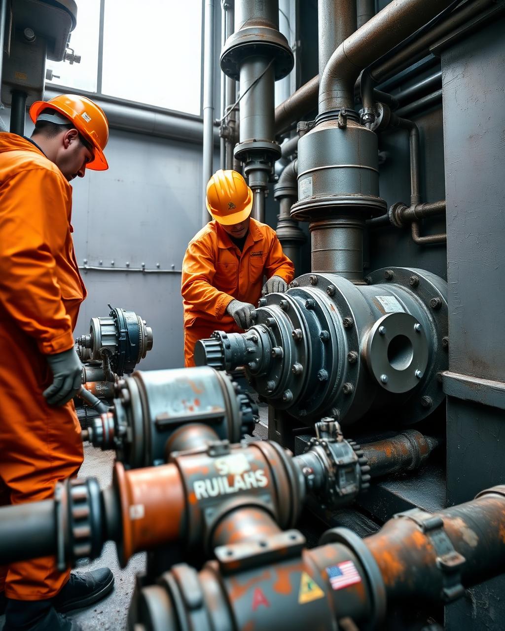Técnicos realizando mantenimiento mecánico a bombas y tuberías en una unidad de refinación